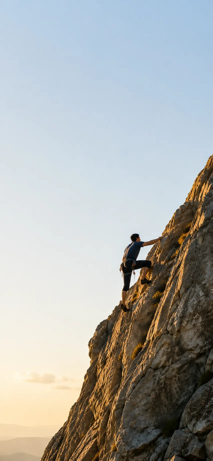 Rock climber scaling a sunlit cliff face
